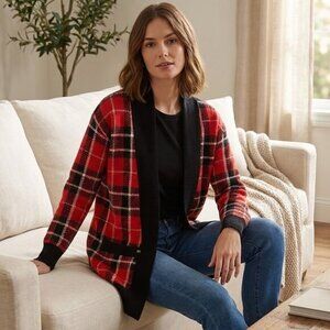 NWT Charter Club Women's Red Plaid Cardigan Shawl Sweater XL